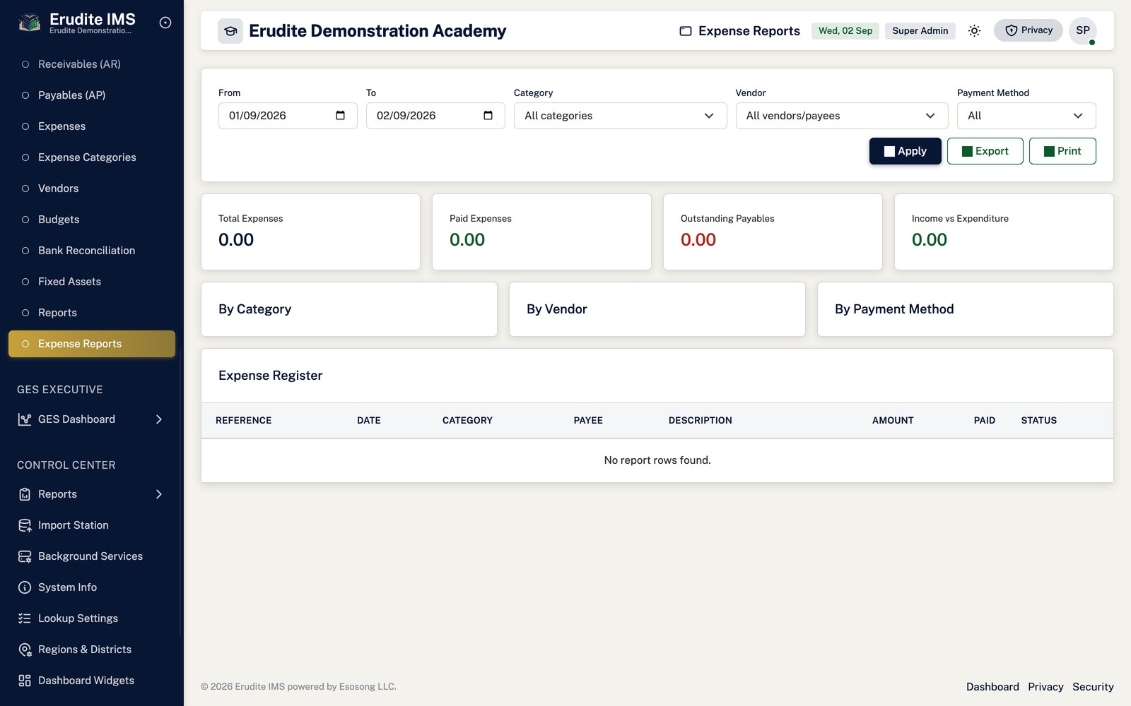 Expenses reports screen