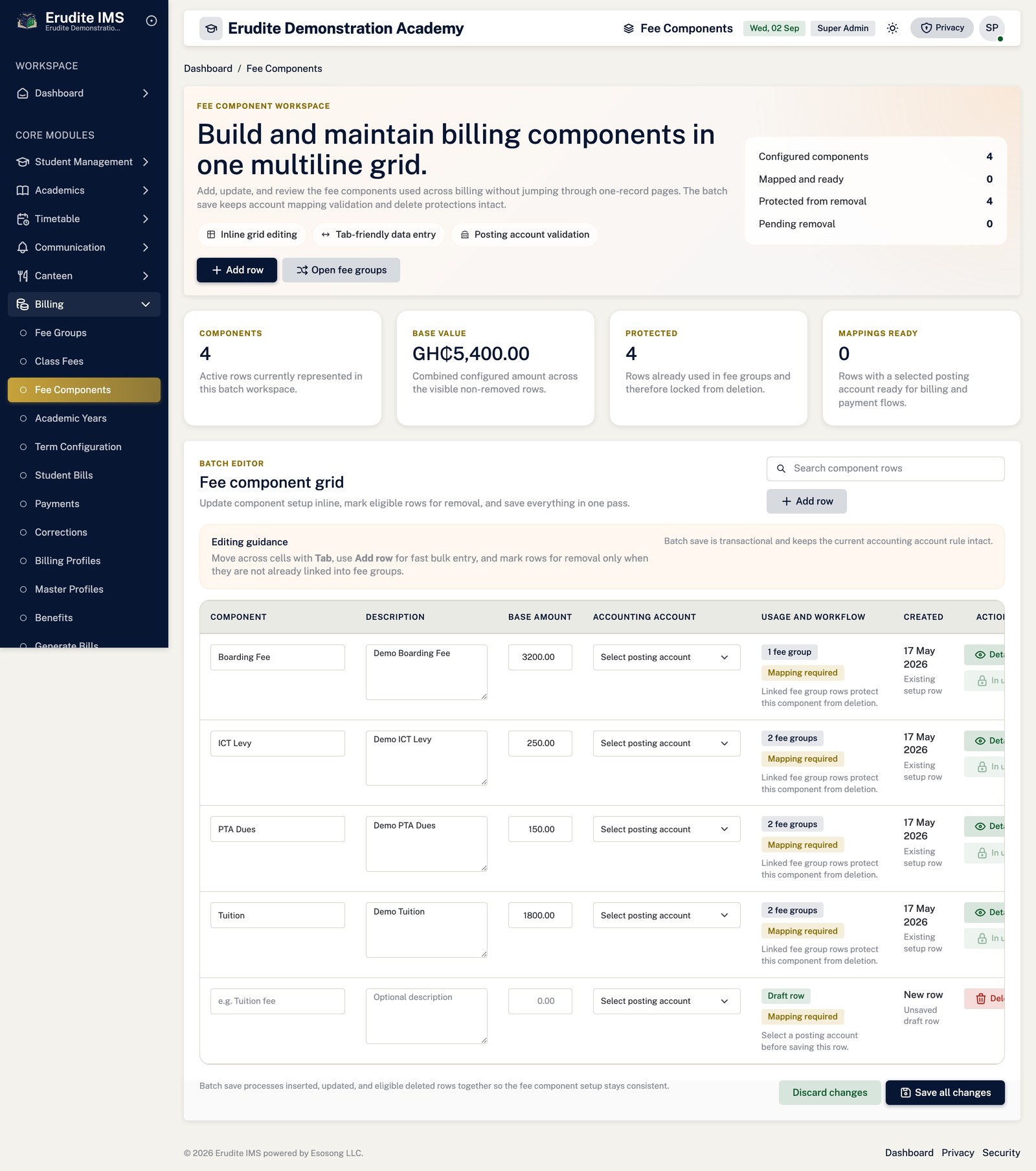 Fee Components create form screen