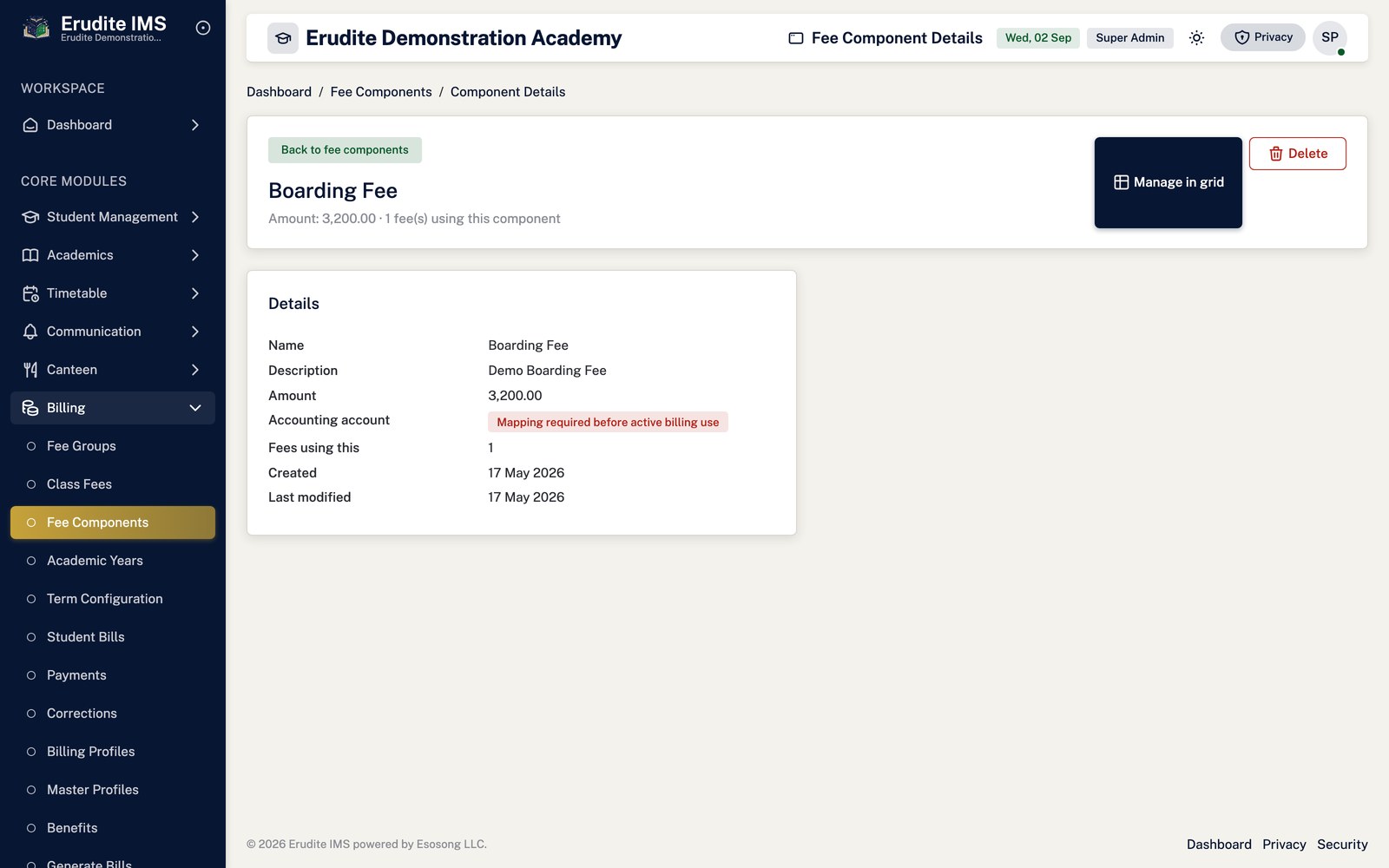 Fee Components record screen