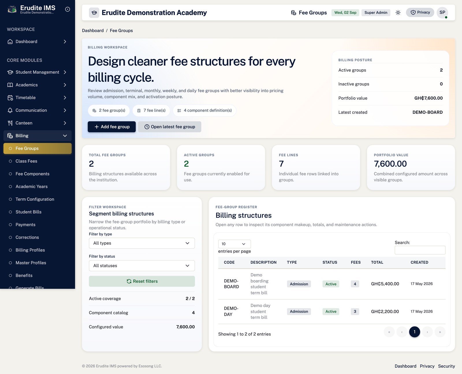 Fee Groups list screen