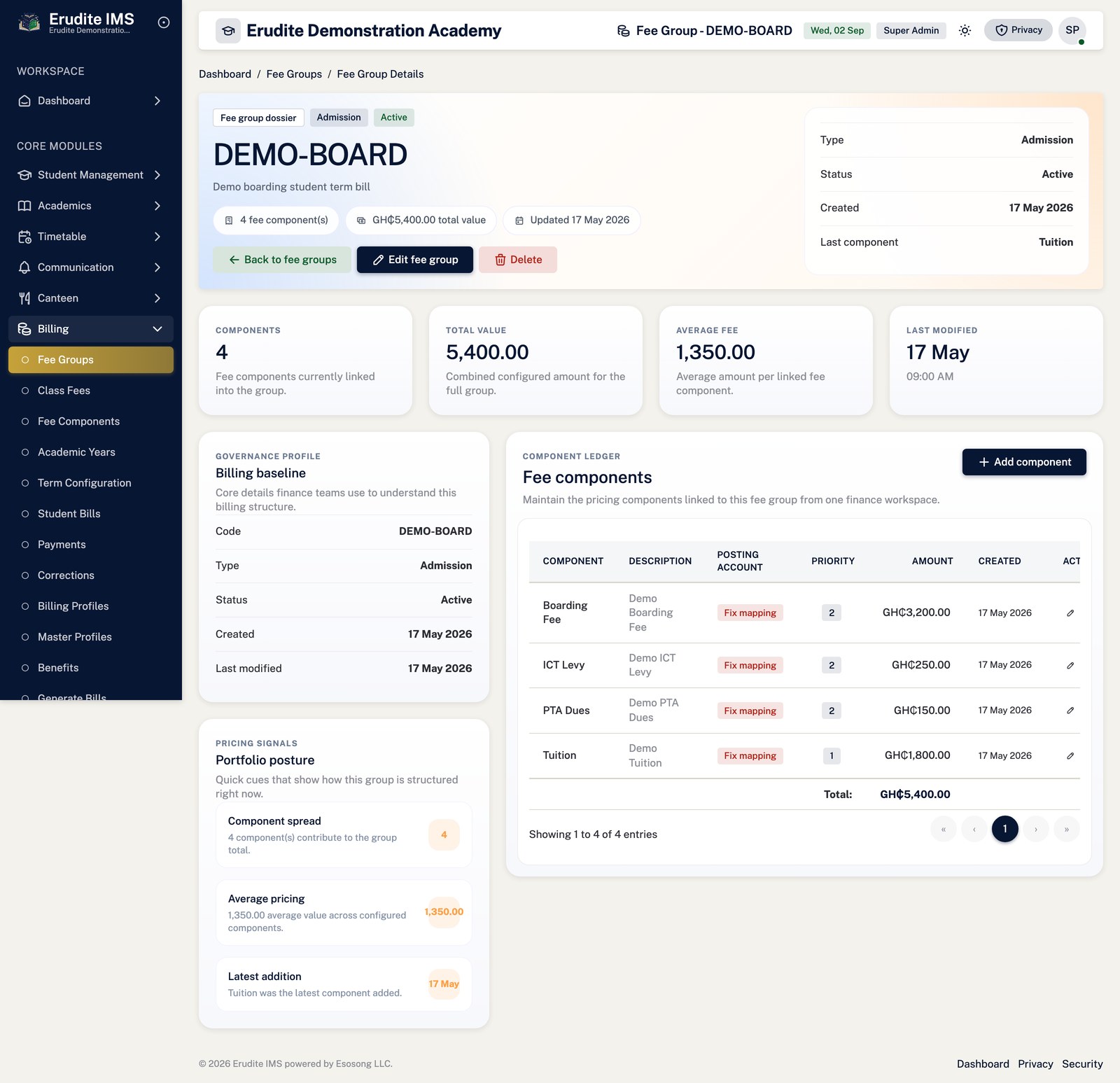 Fee Groups record screen
