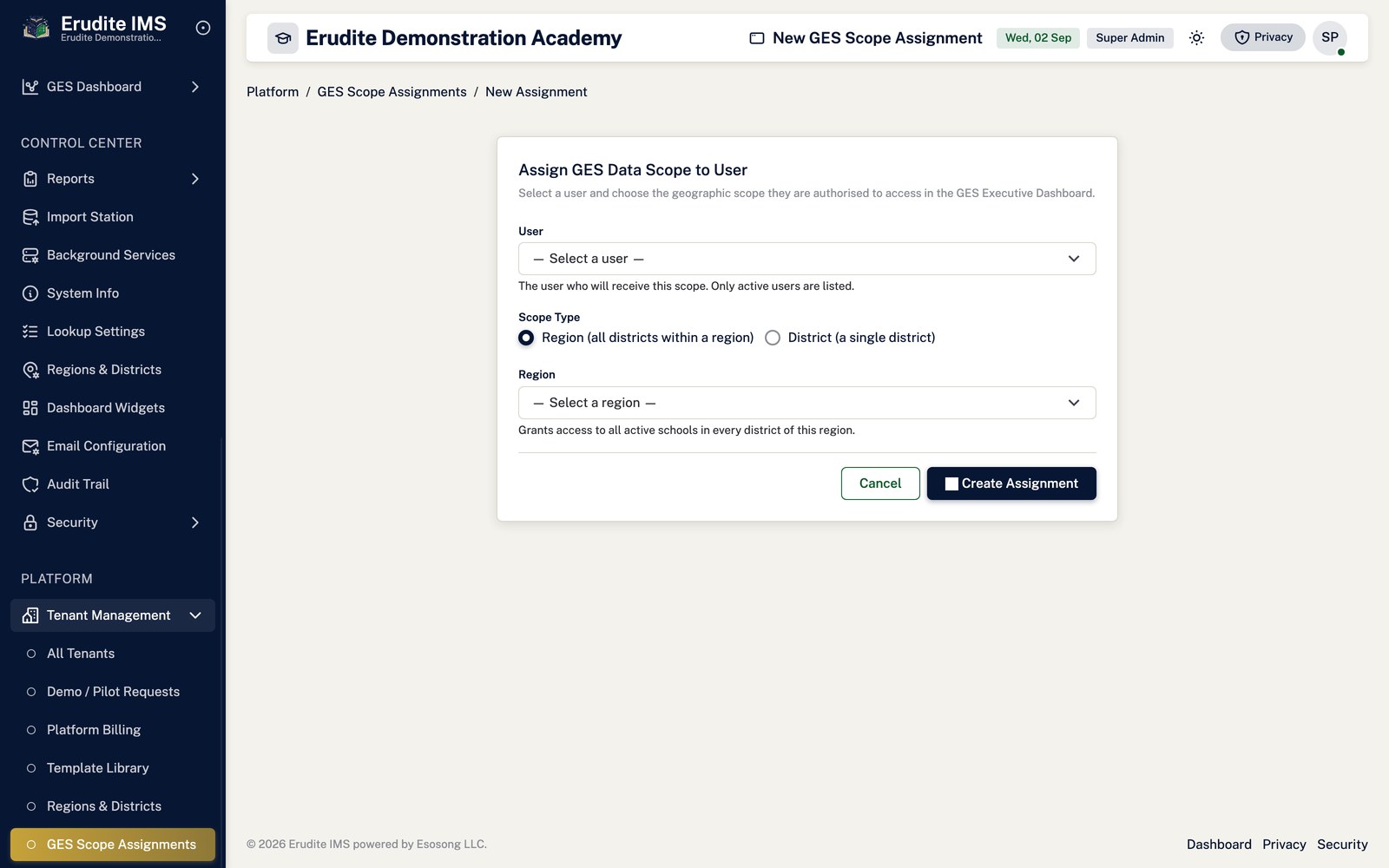 Ges User Scope create form screen