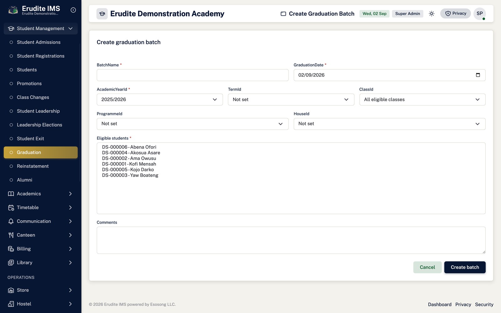 Graduation create form screen