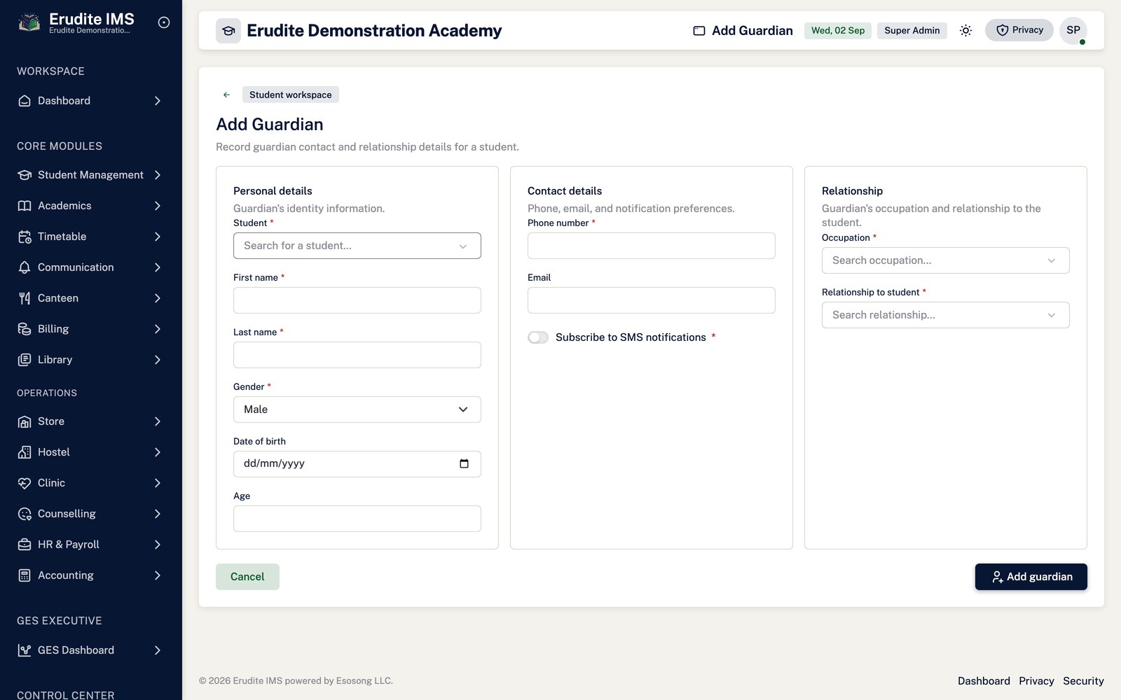 Guardian Informations create form screen