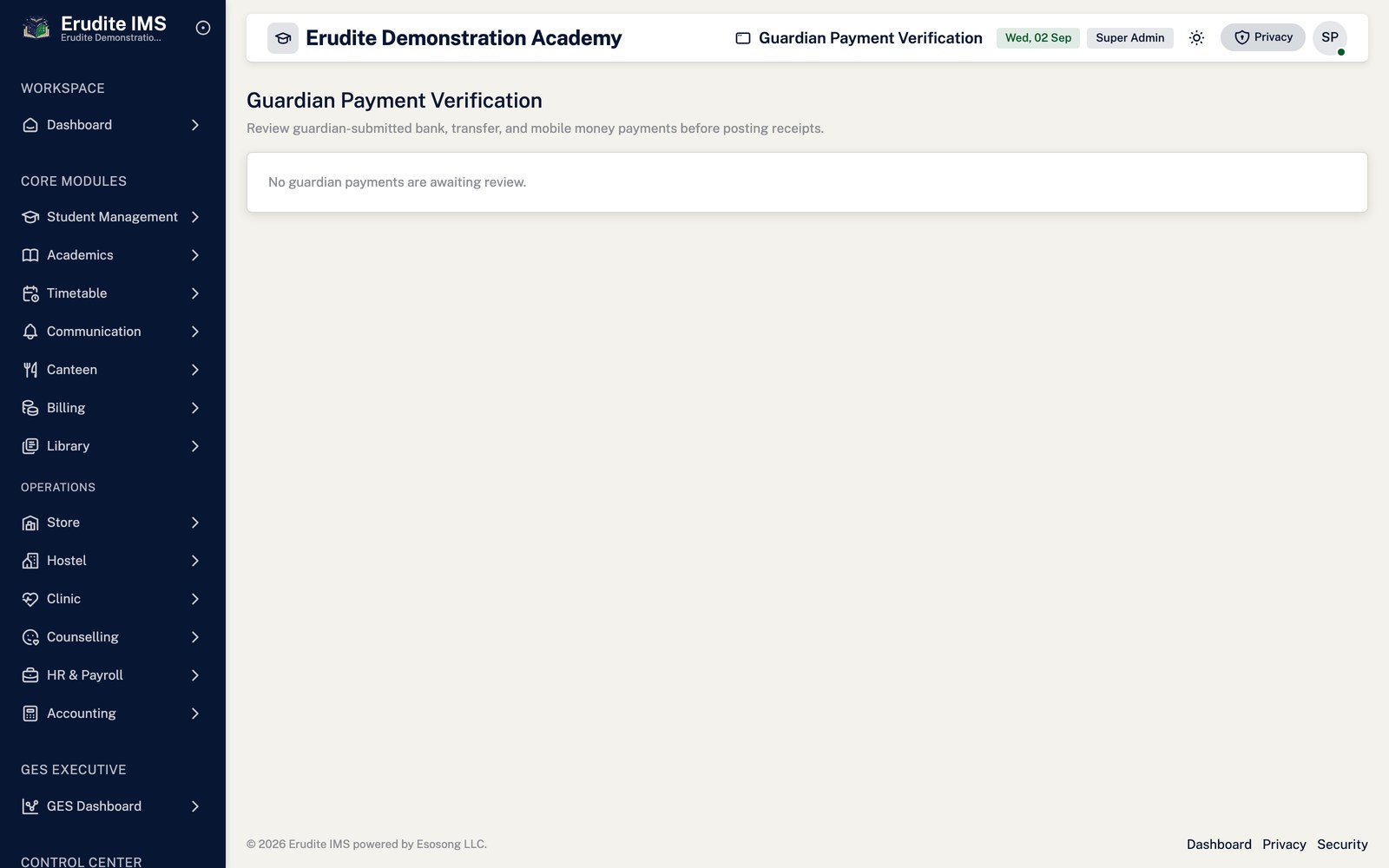 Guardian Payment Submissions list screen