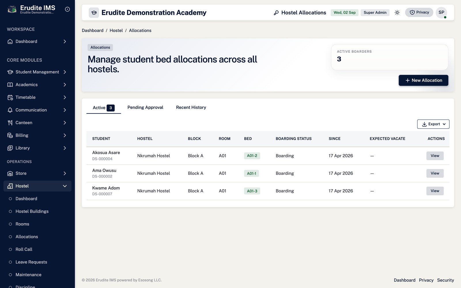 Hostel Allocations list screen