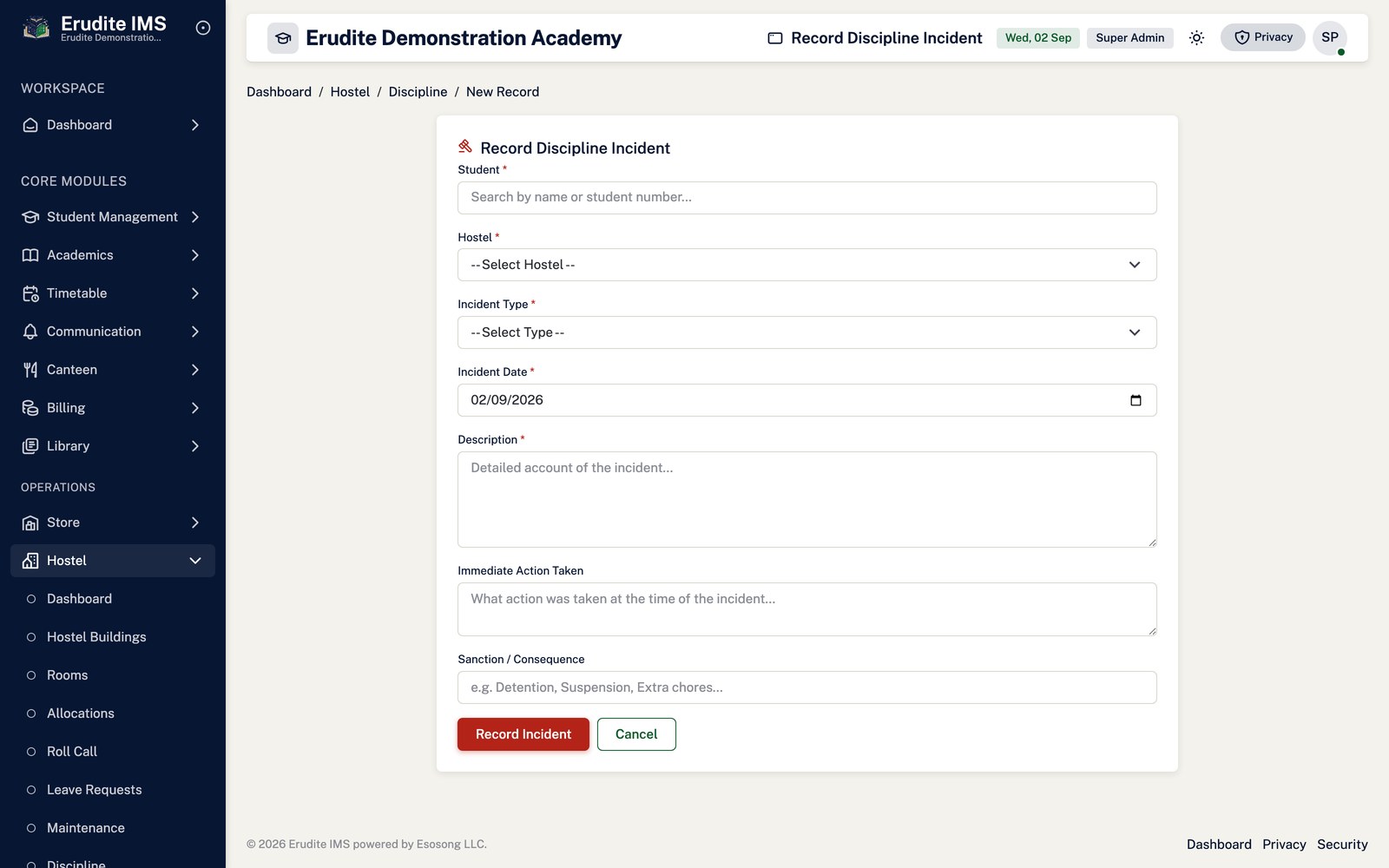 Hostel Discipline create form screen