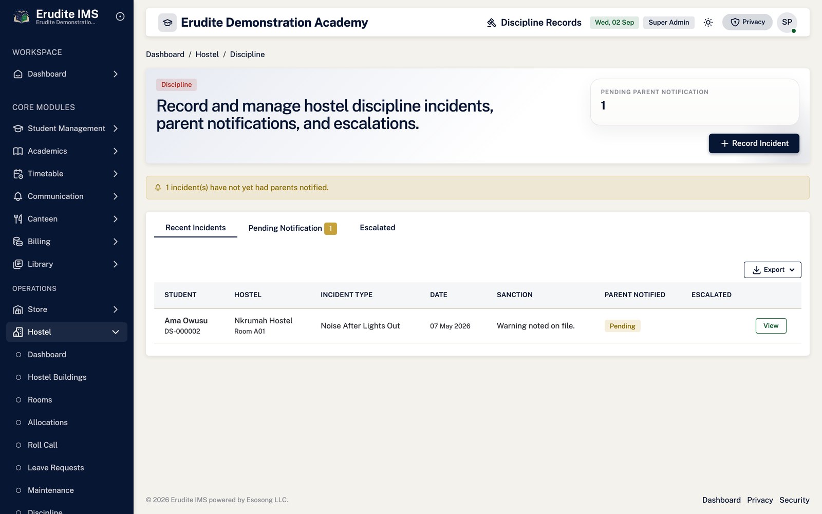 Hostel Discipline list screen