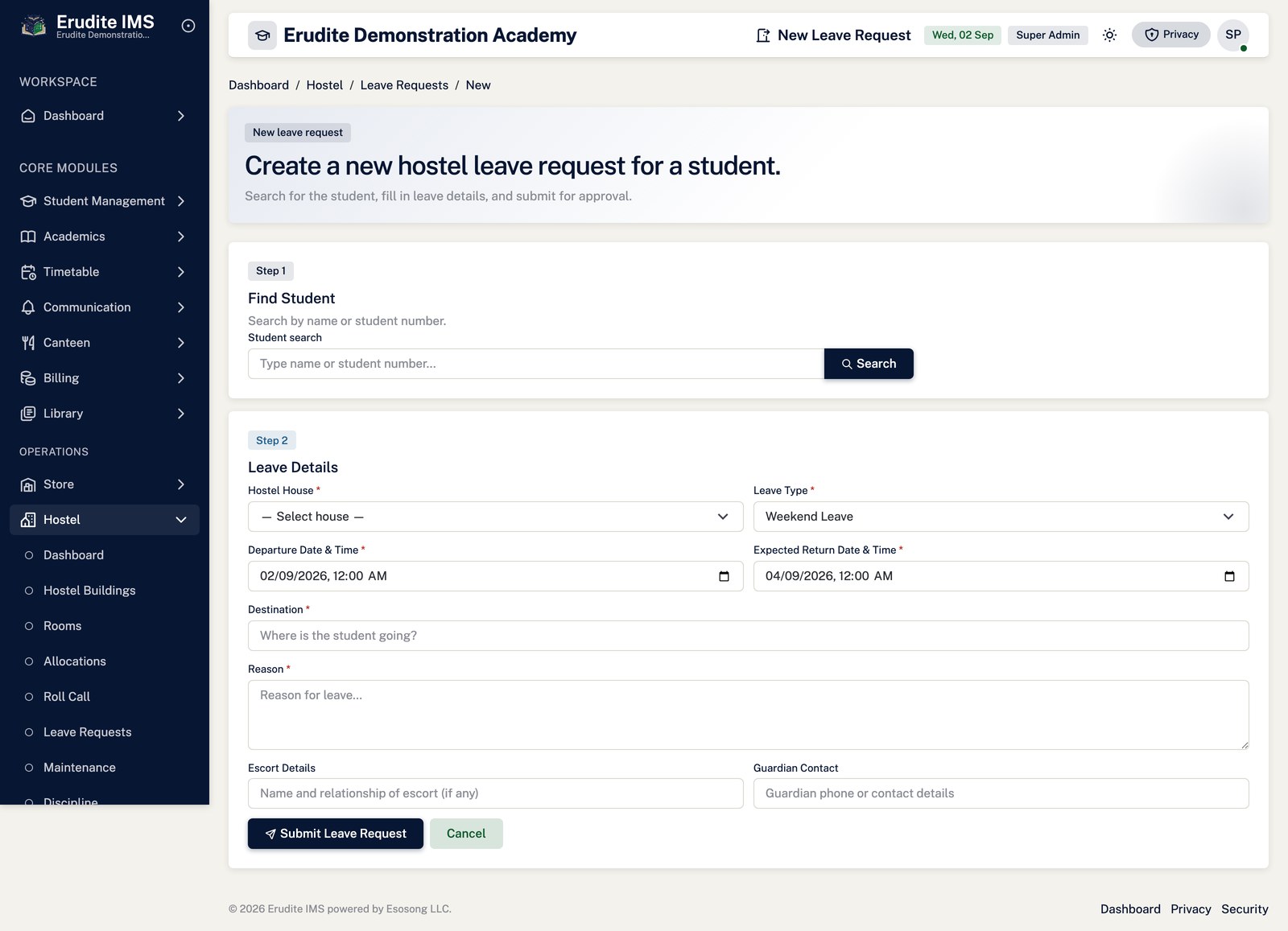 Hostel Leave Requests create form screen