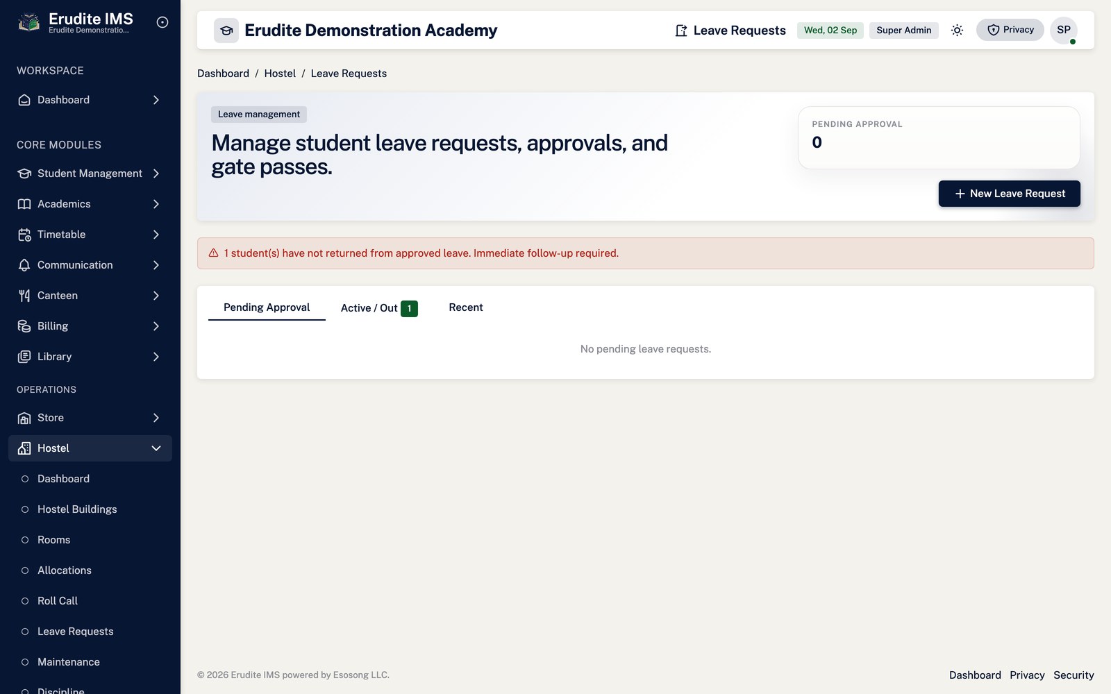 Hostel Leave Requests list screen