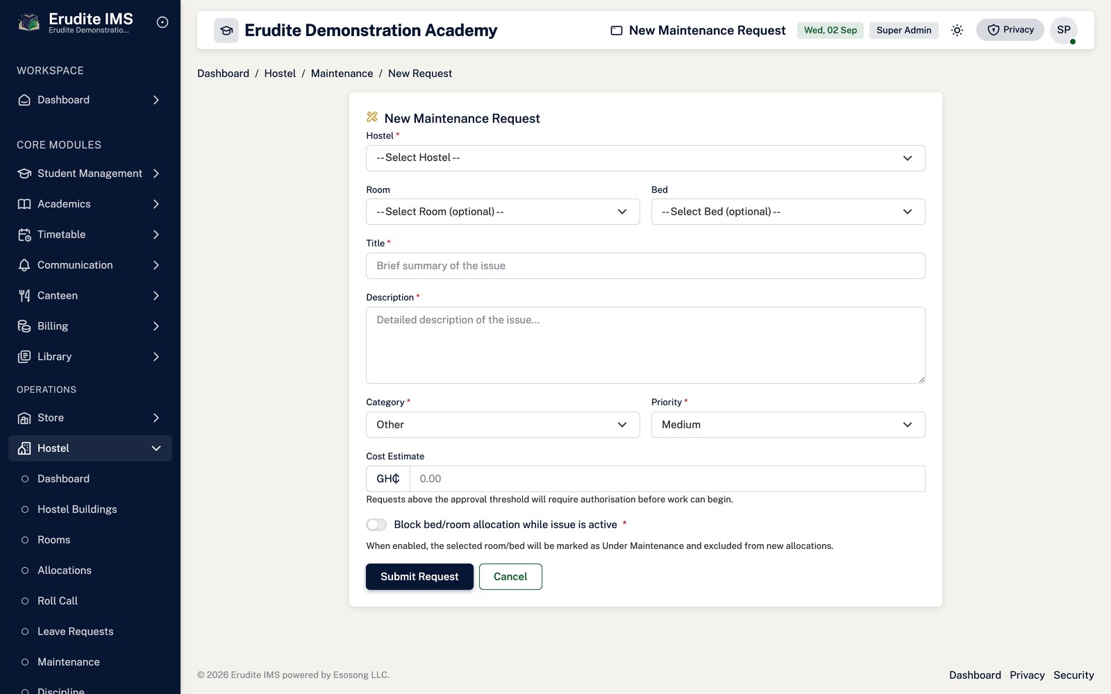 Hostel Maintenance create form screen