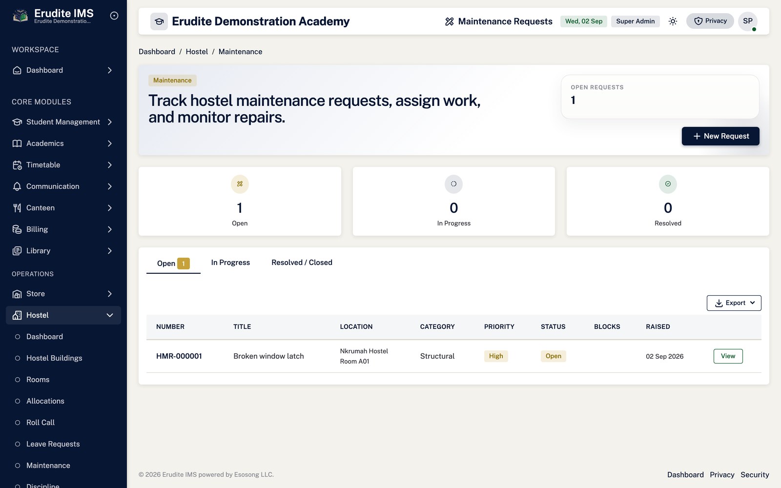 Hostel Maintenance list screen