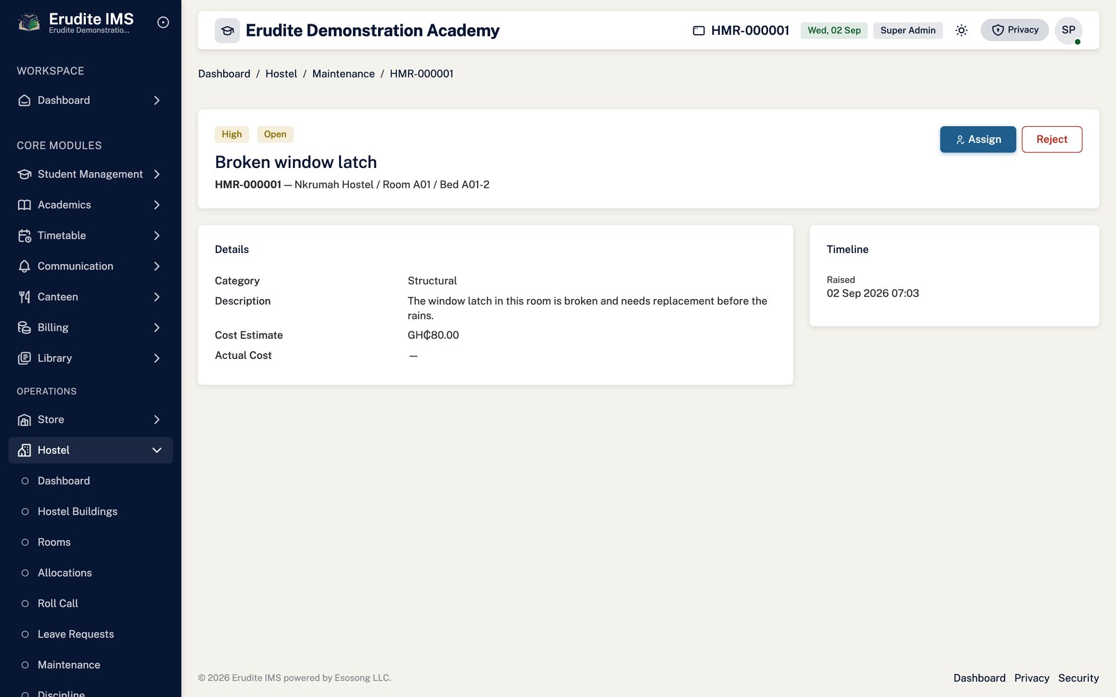 Hostel Maintenance record screen