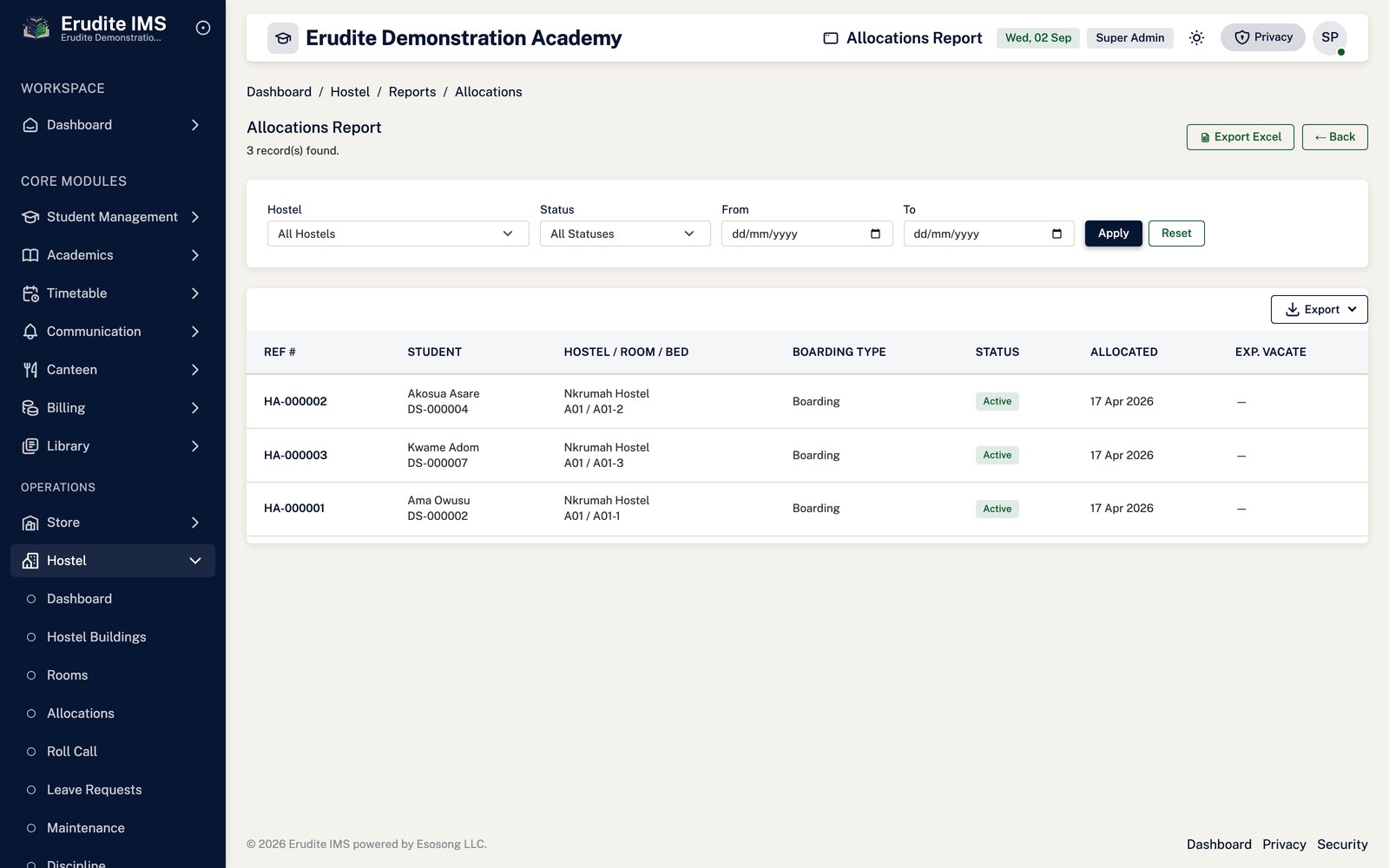 Hostel Reports allocations screen