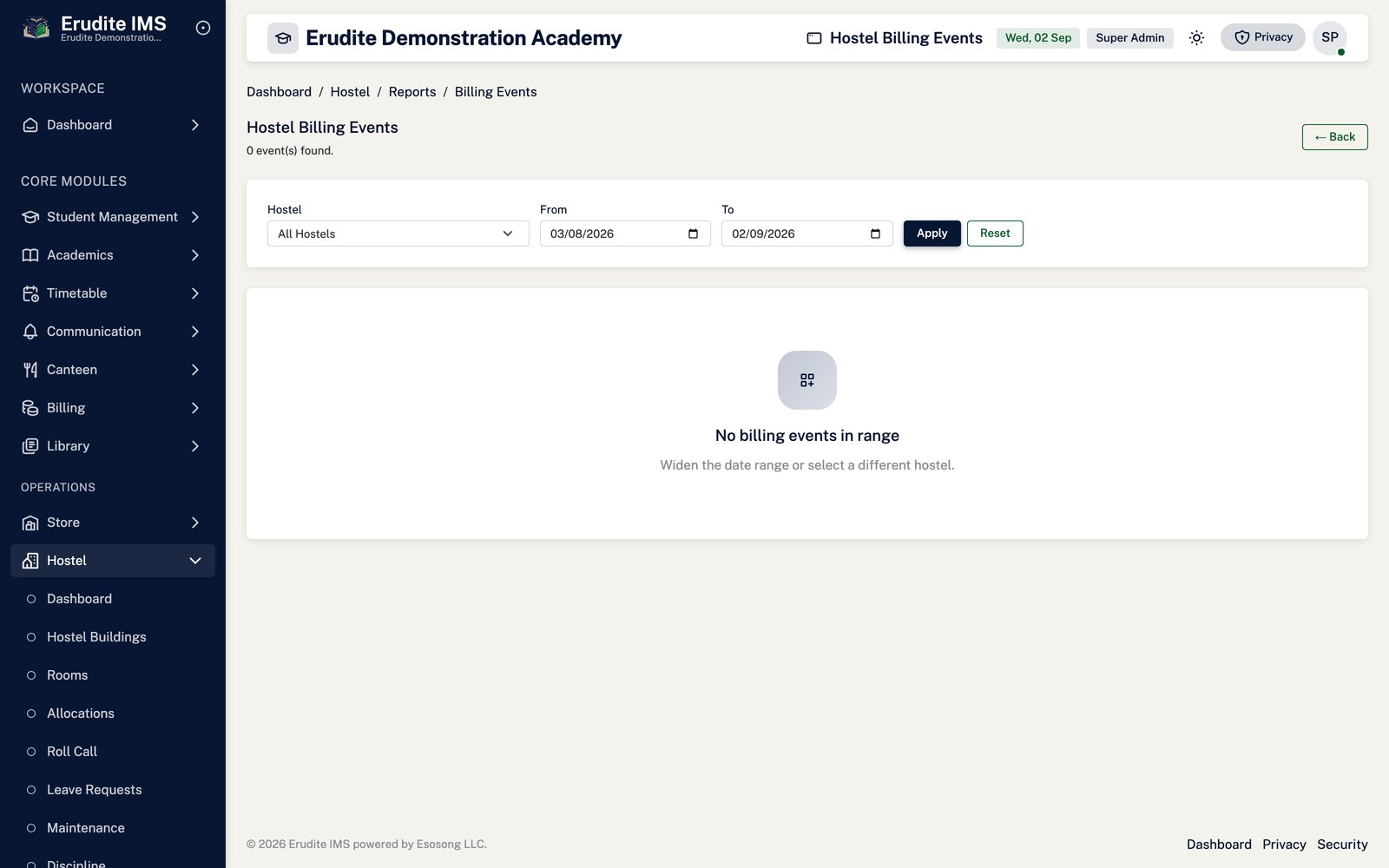 Hostel Reports billing screen
