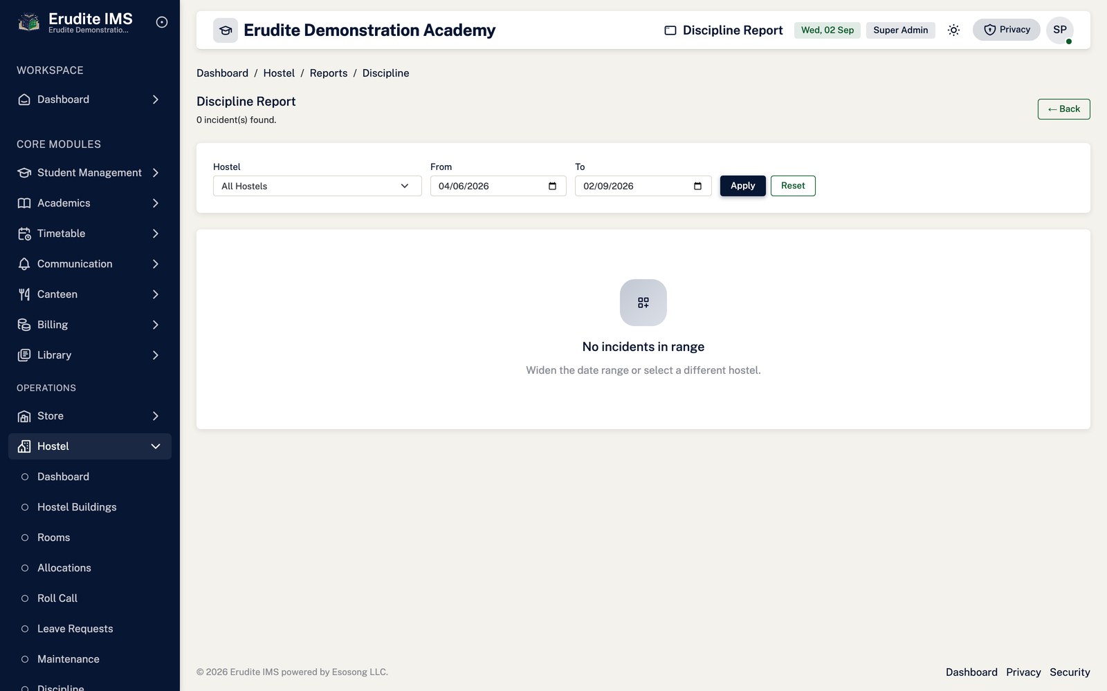 Hostel Reports discipline screen