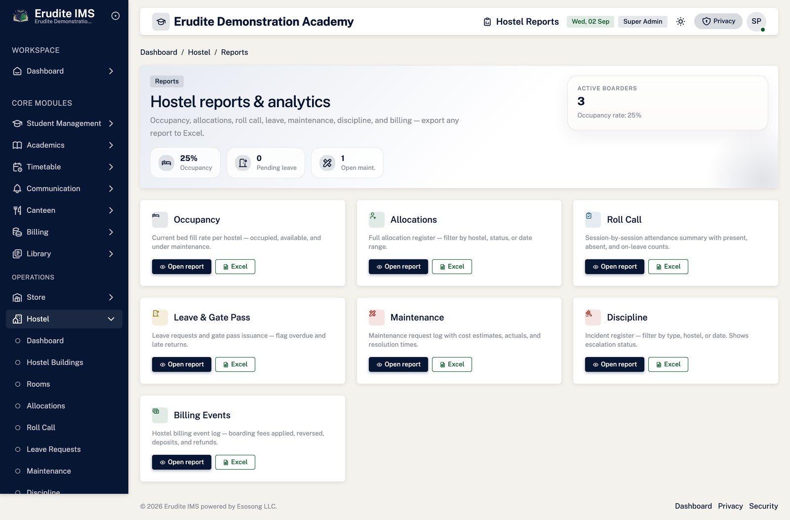 Hostel Reports list screen