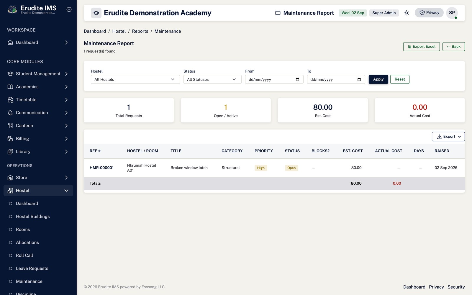 Hostel Reports maintenance screen