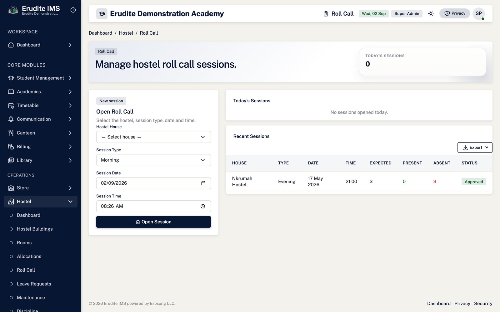 Hostel Roll Call list screen