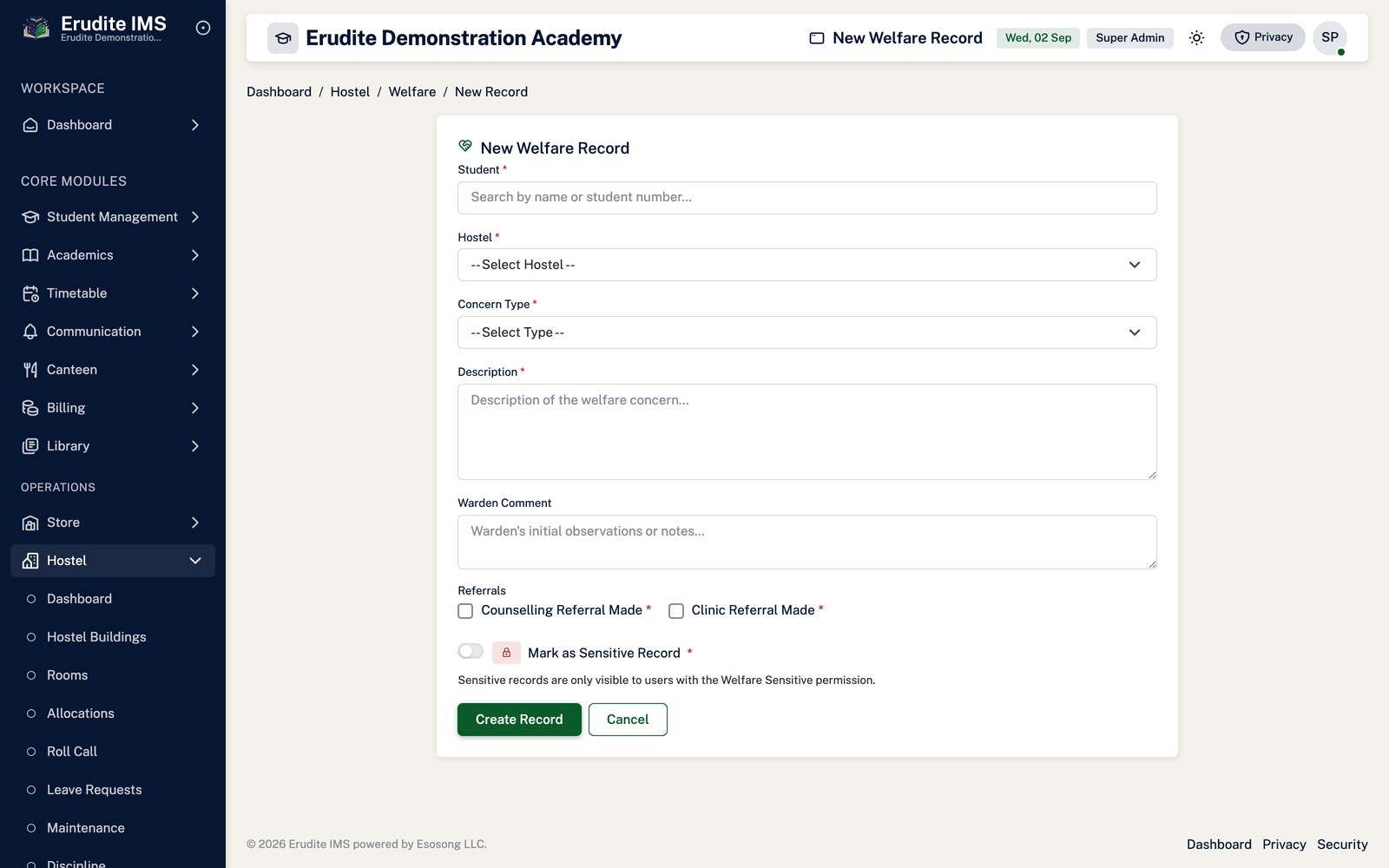 Hostel Welfare create form screen
