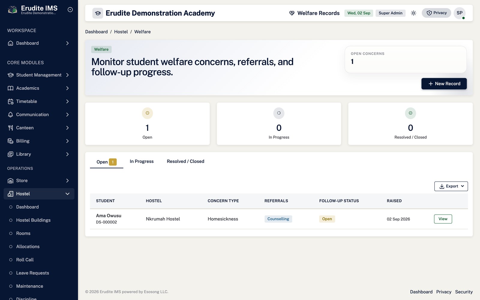 Hostel Welfare list screen