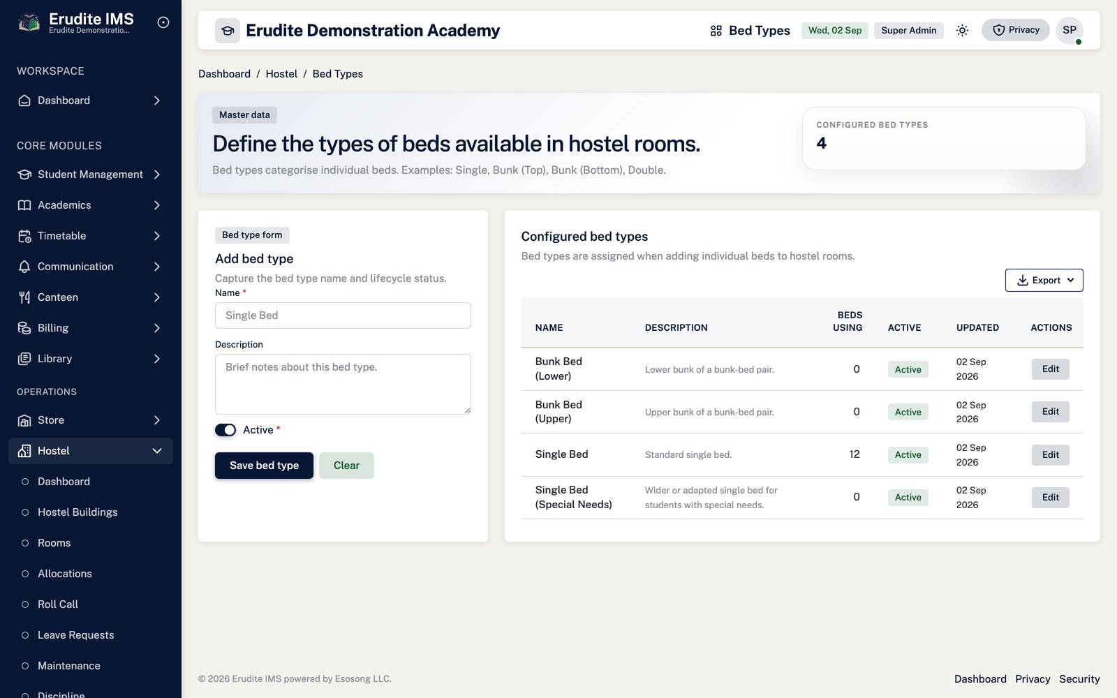 Hostel bed types screen