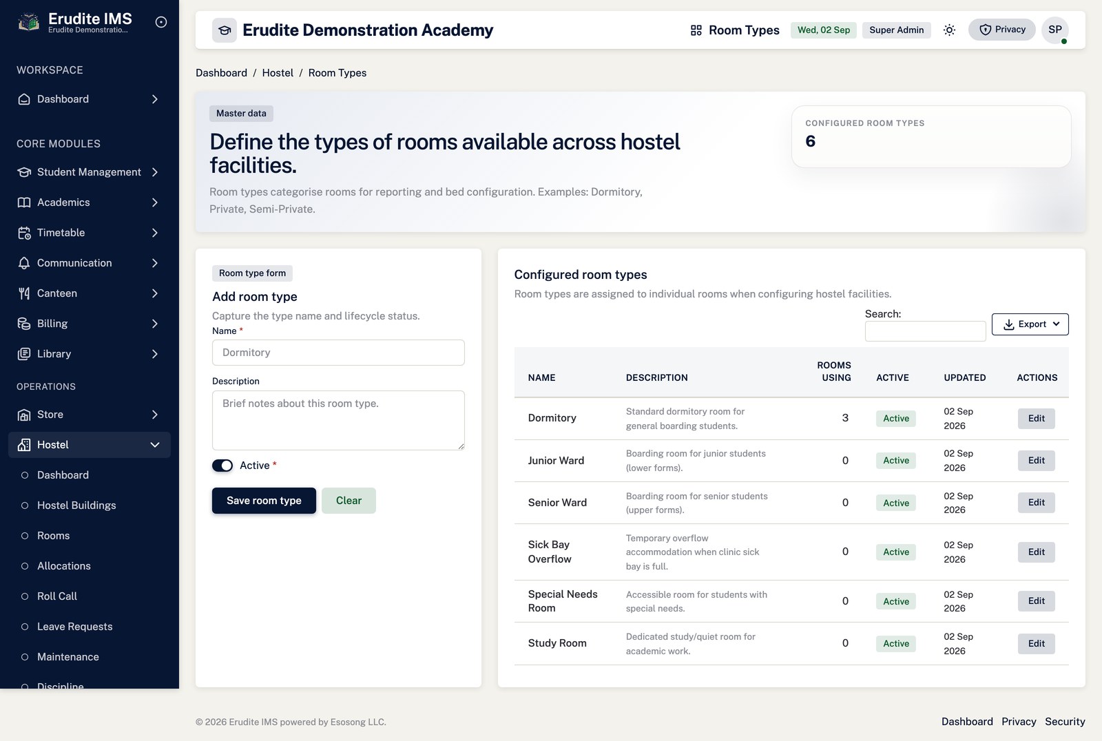 Hostel room types screen