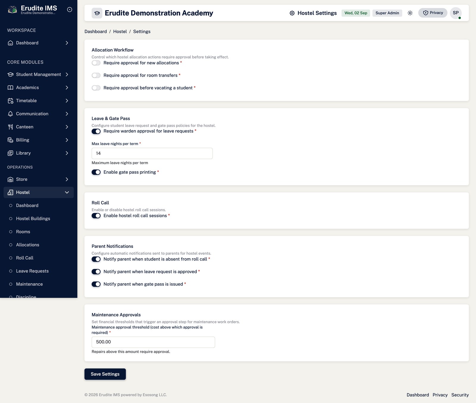 Hostel settings screen