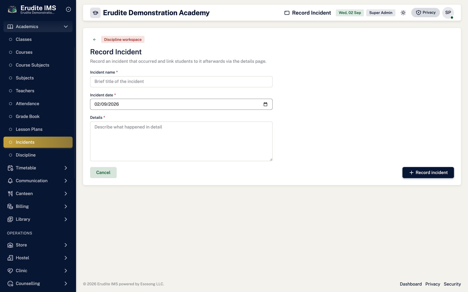 Incidents create form screen