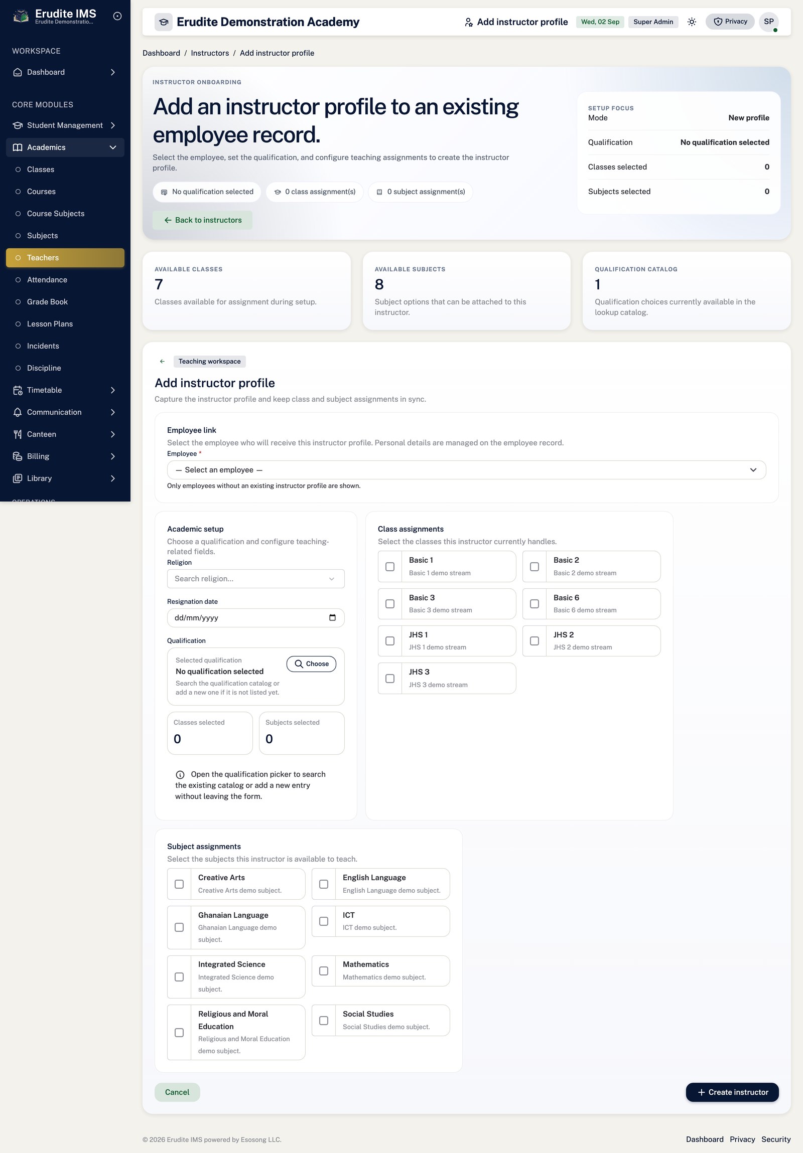 Instructors create form screen