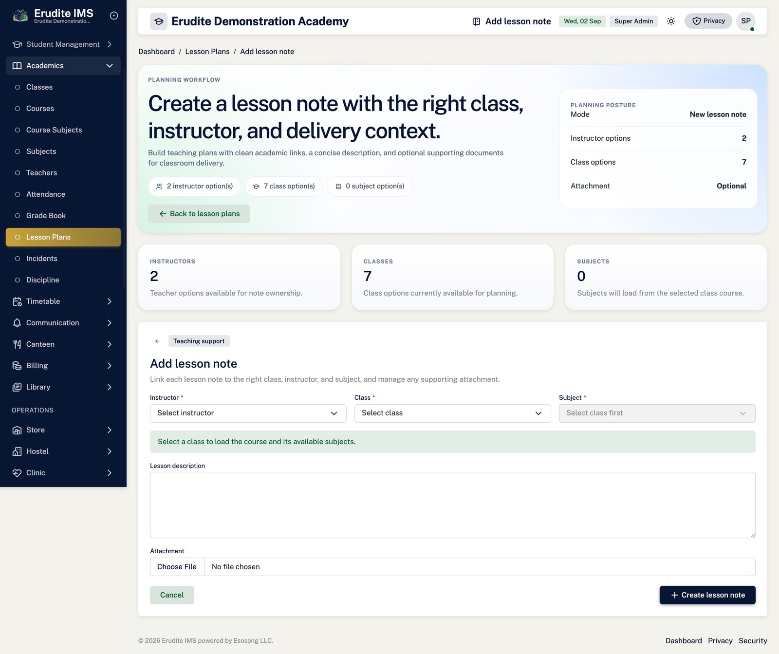 Lesson Notes create form screen