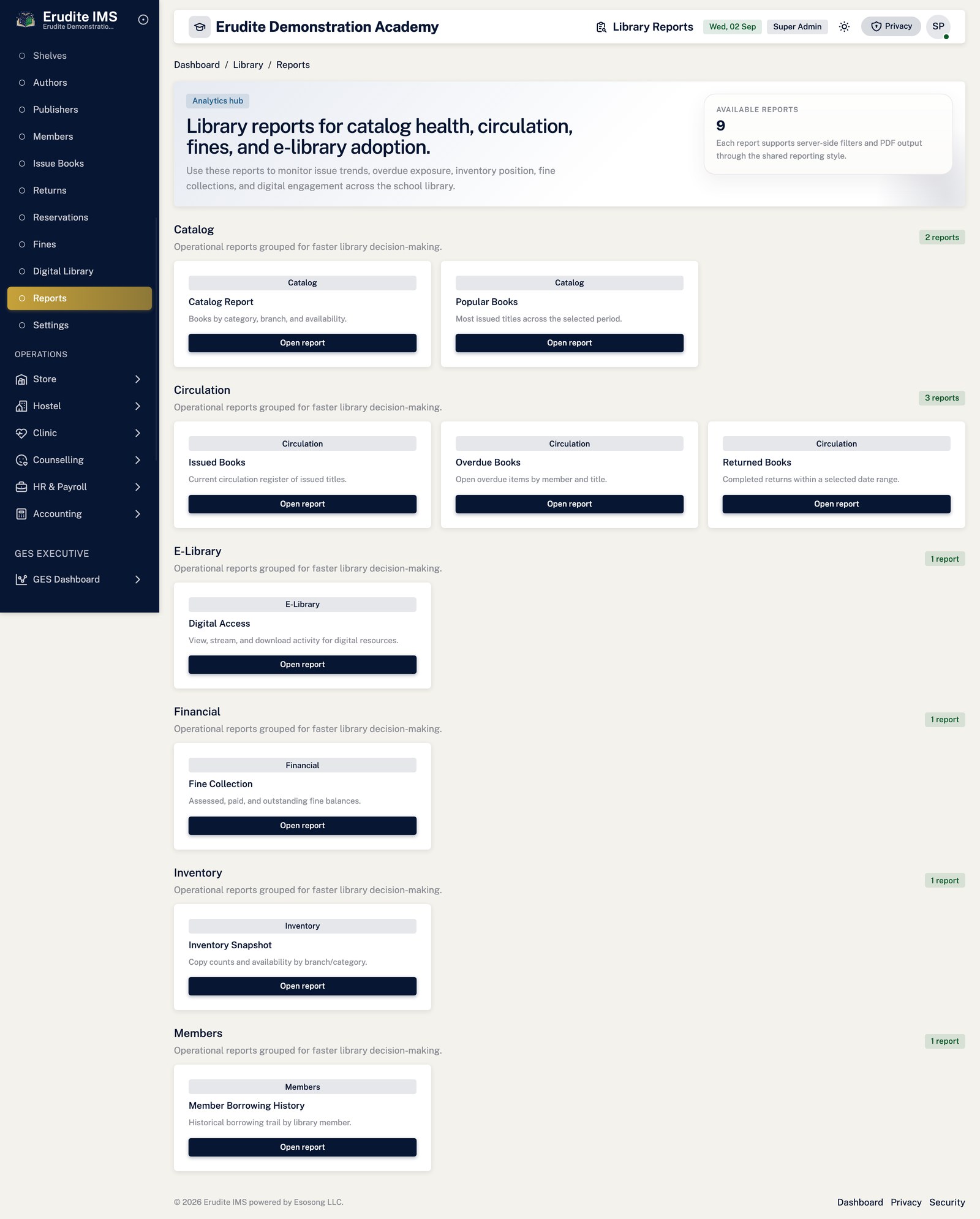 Library Reports list screen