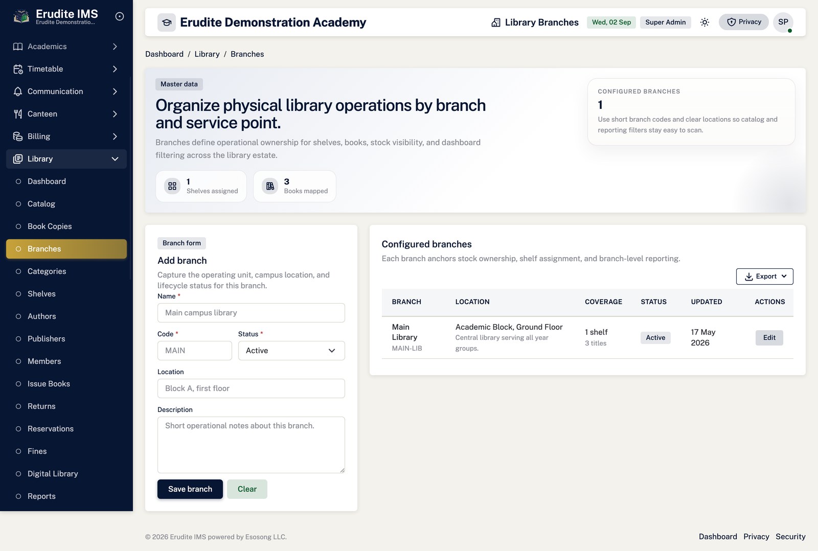Library branches screen