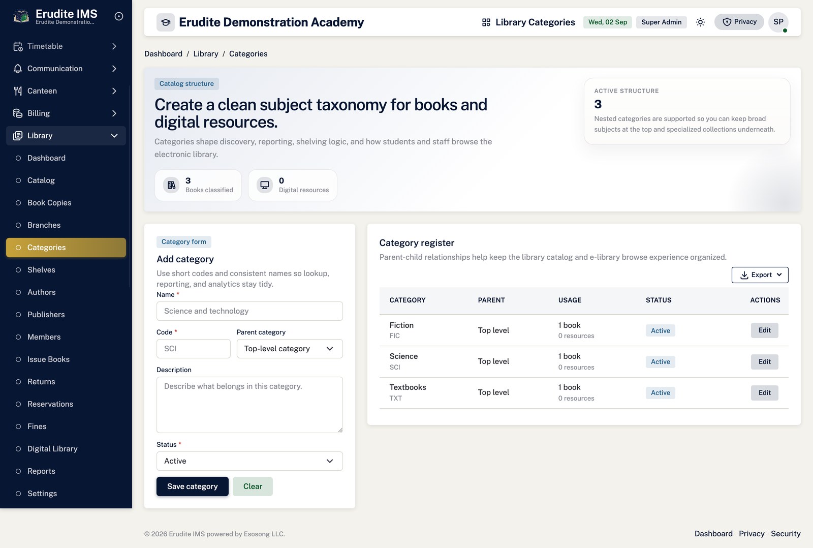 Library categories screen