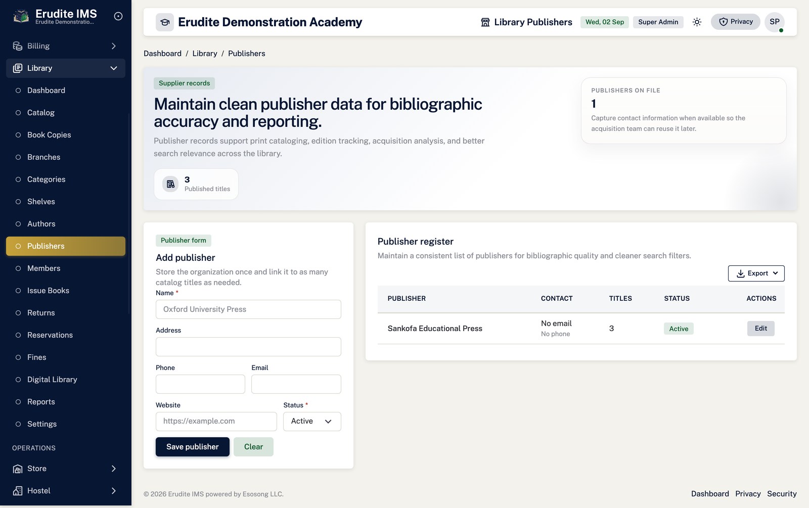 Library publishers screen