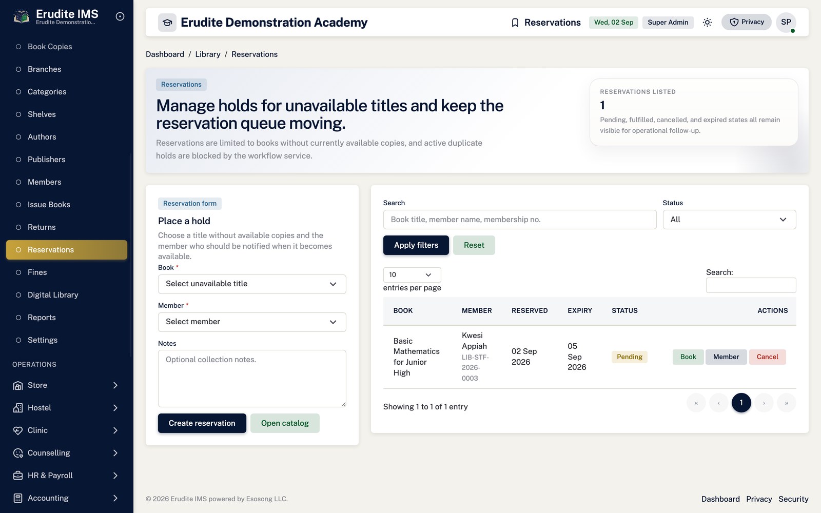Library reservations screen