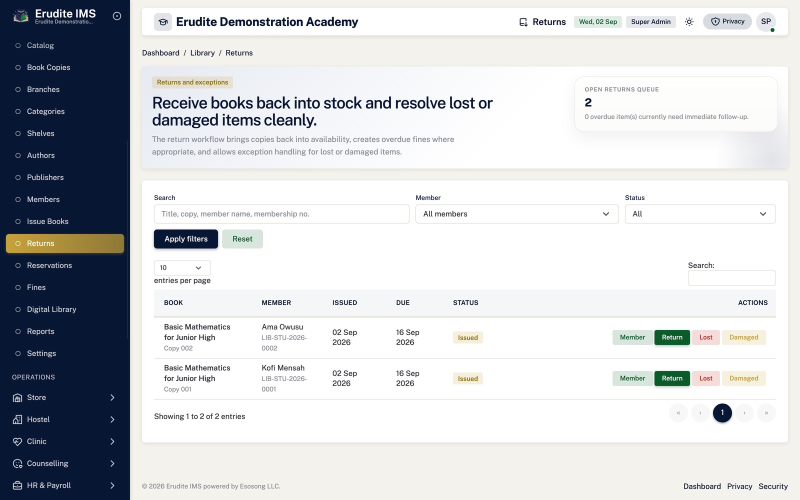 Library returns screen