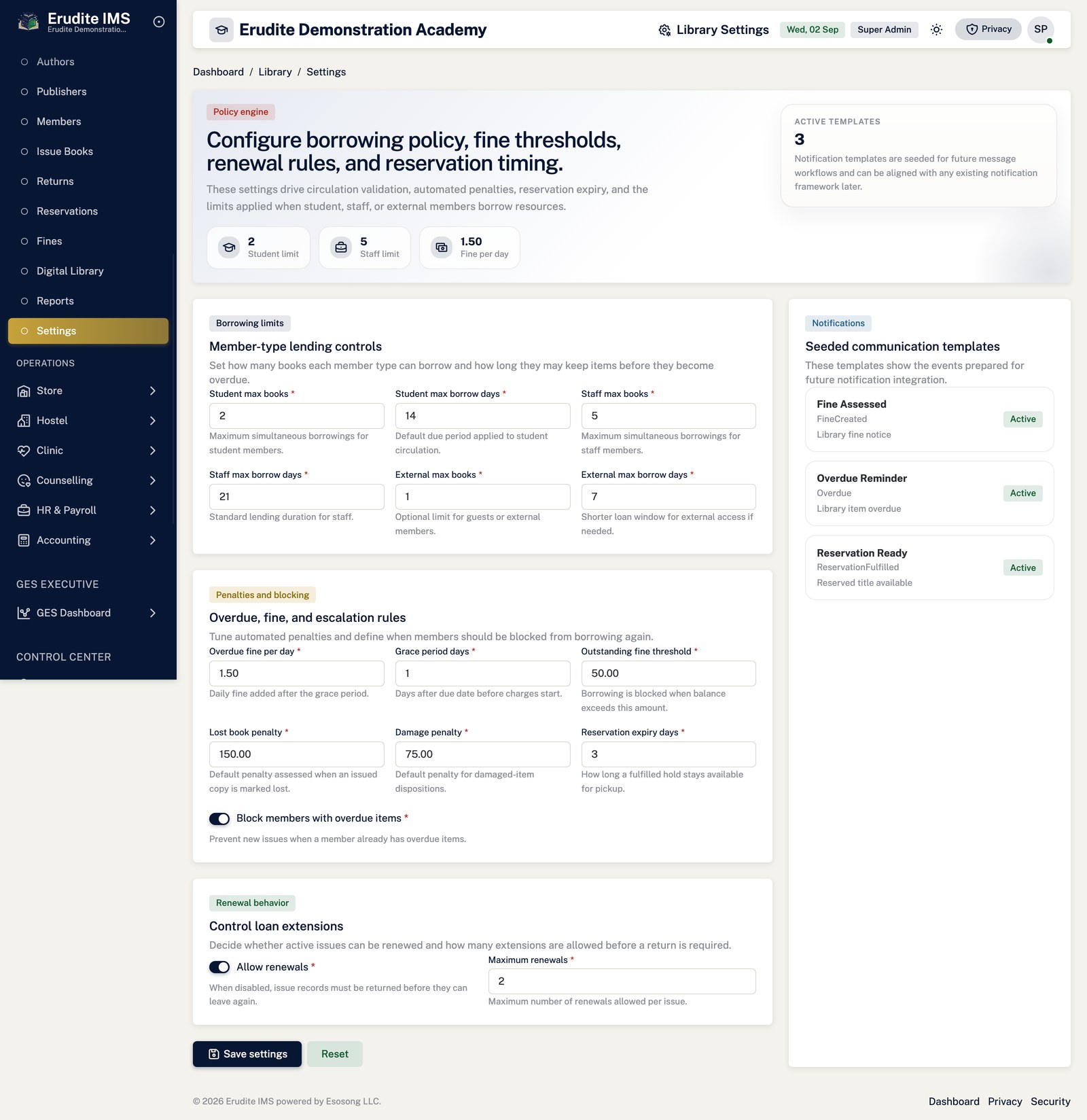 Library settings screen