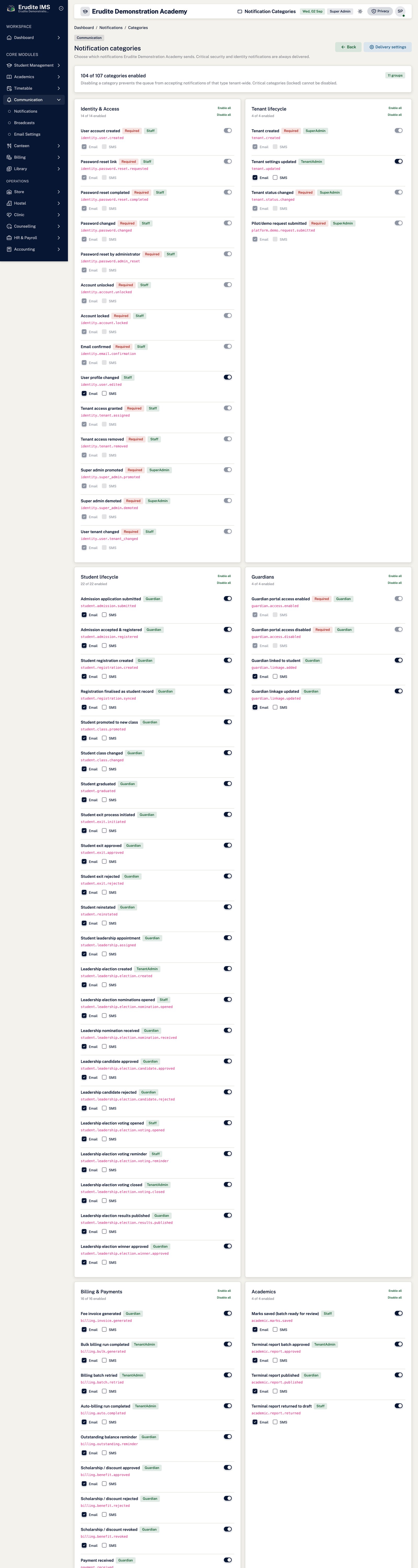Notifications categories screen