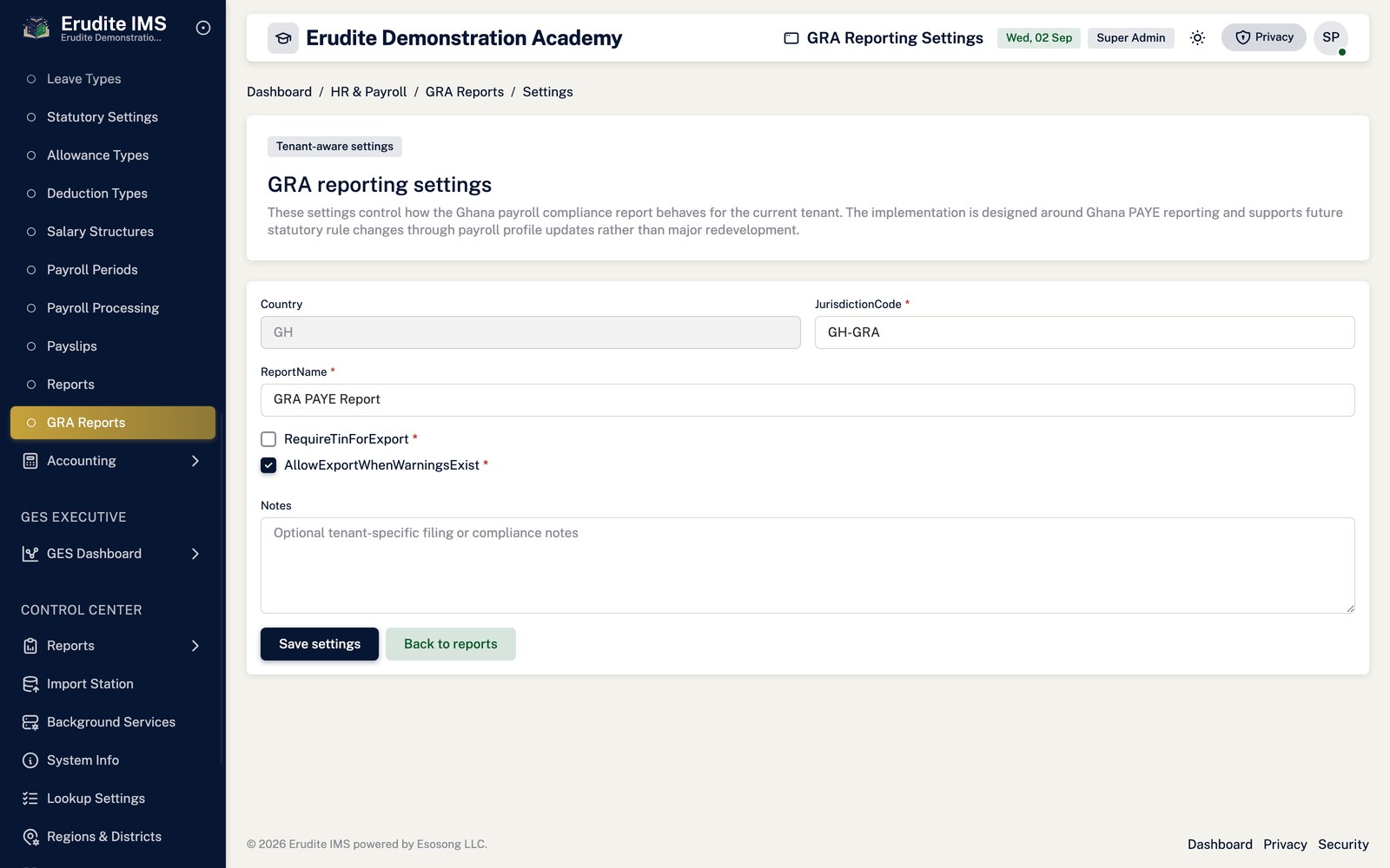 Payroll Gra Reports settings screen