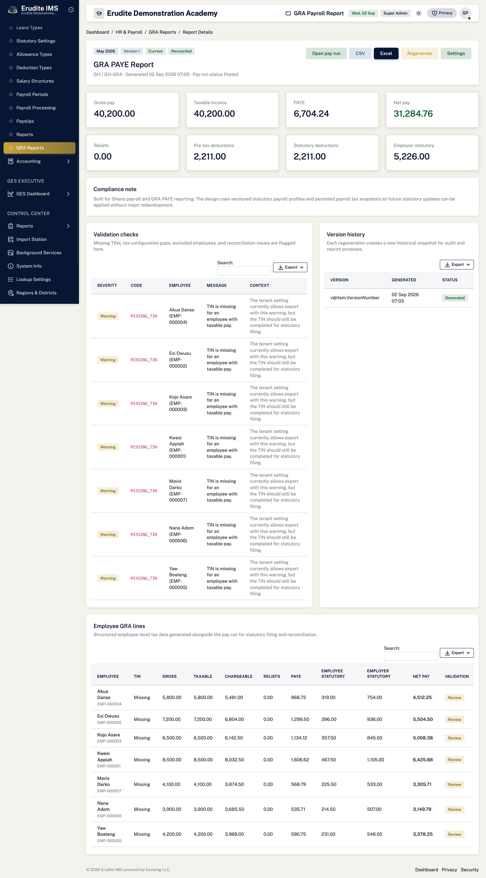 Payroll Gra Reports record screen