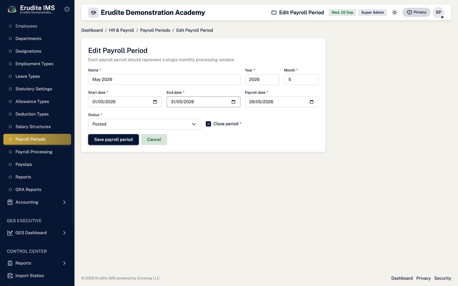 Payroll Periods record screen