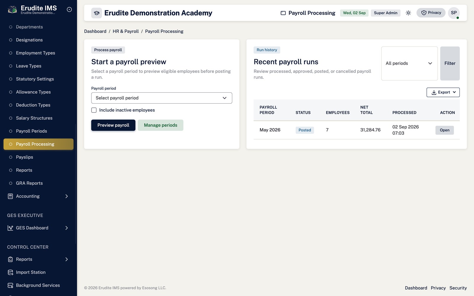 Payroll Processing list screen