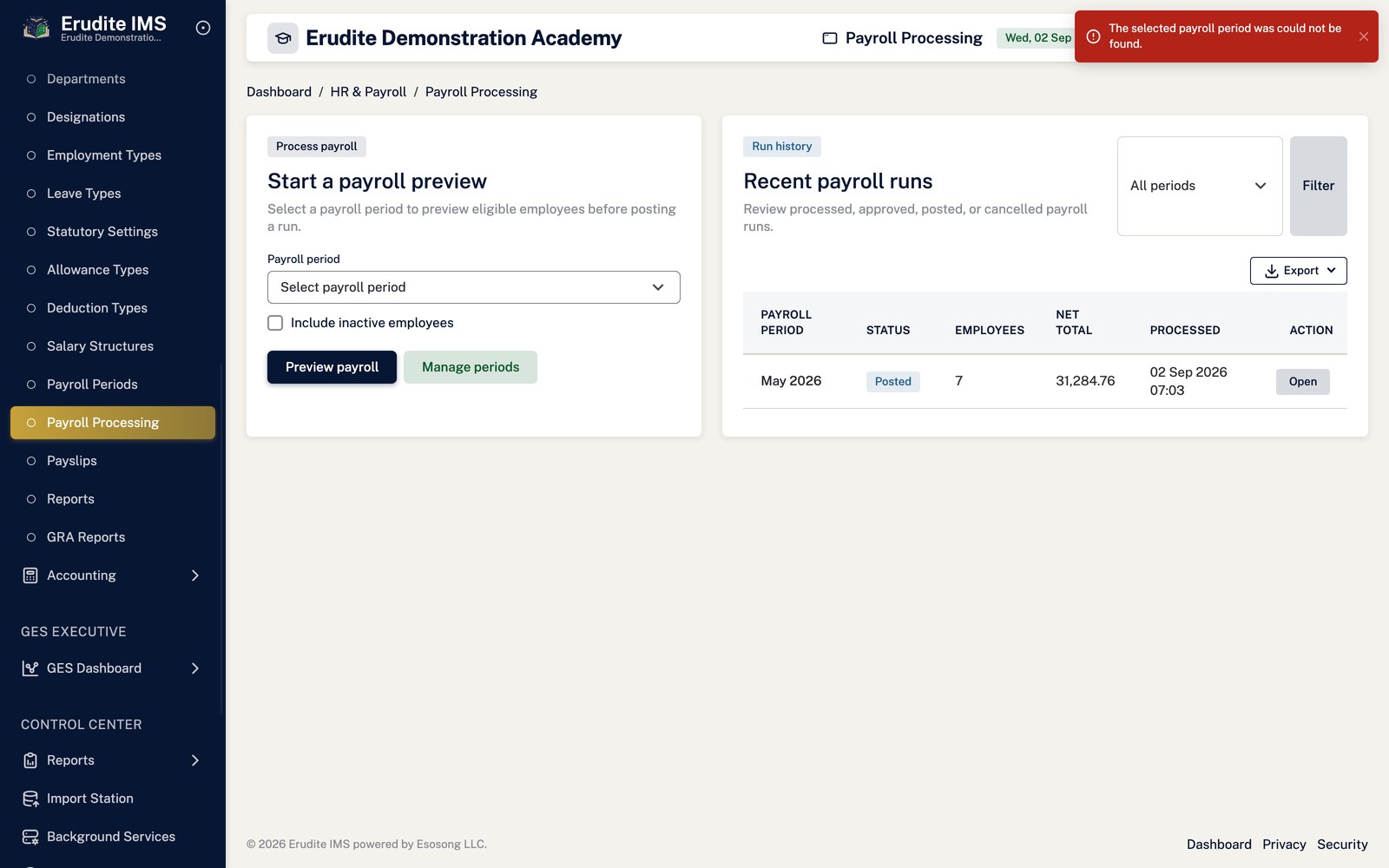 Payroll Processing preview screen