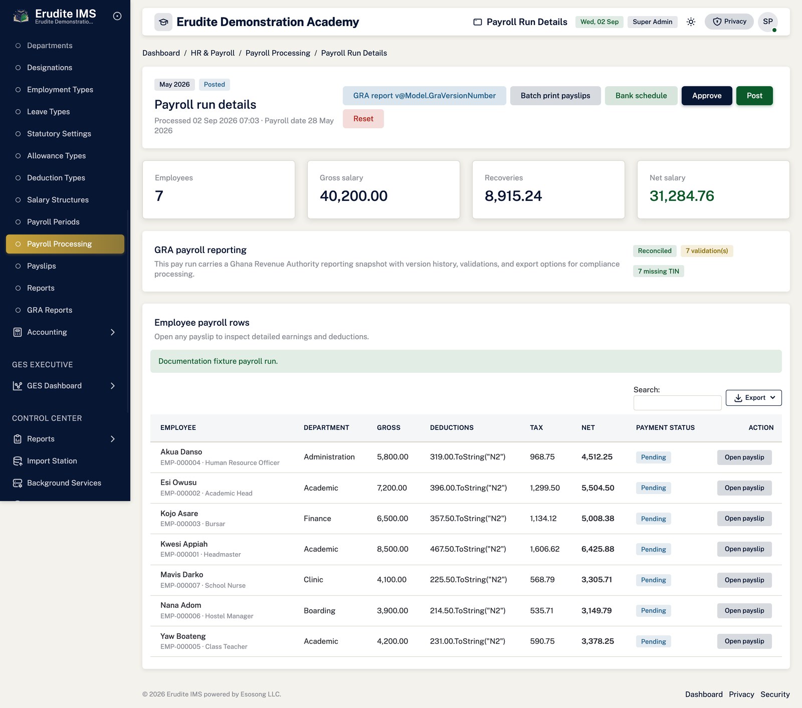Payroll Processing record screen