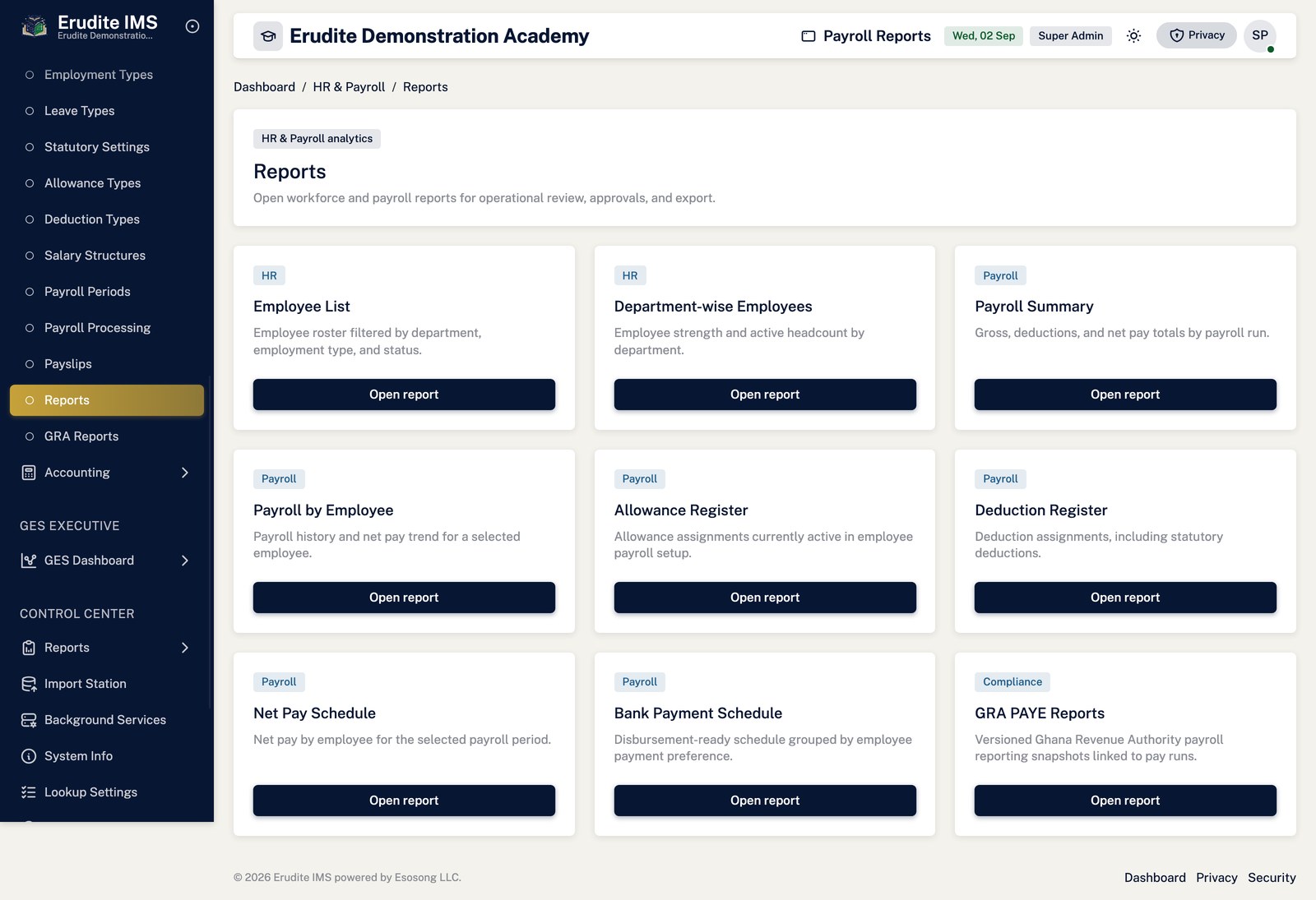 Payroll Reports list screen