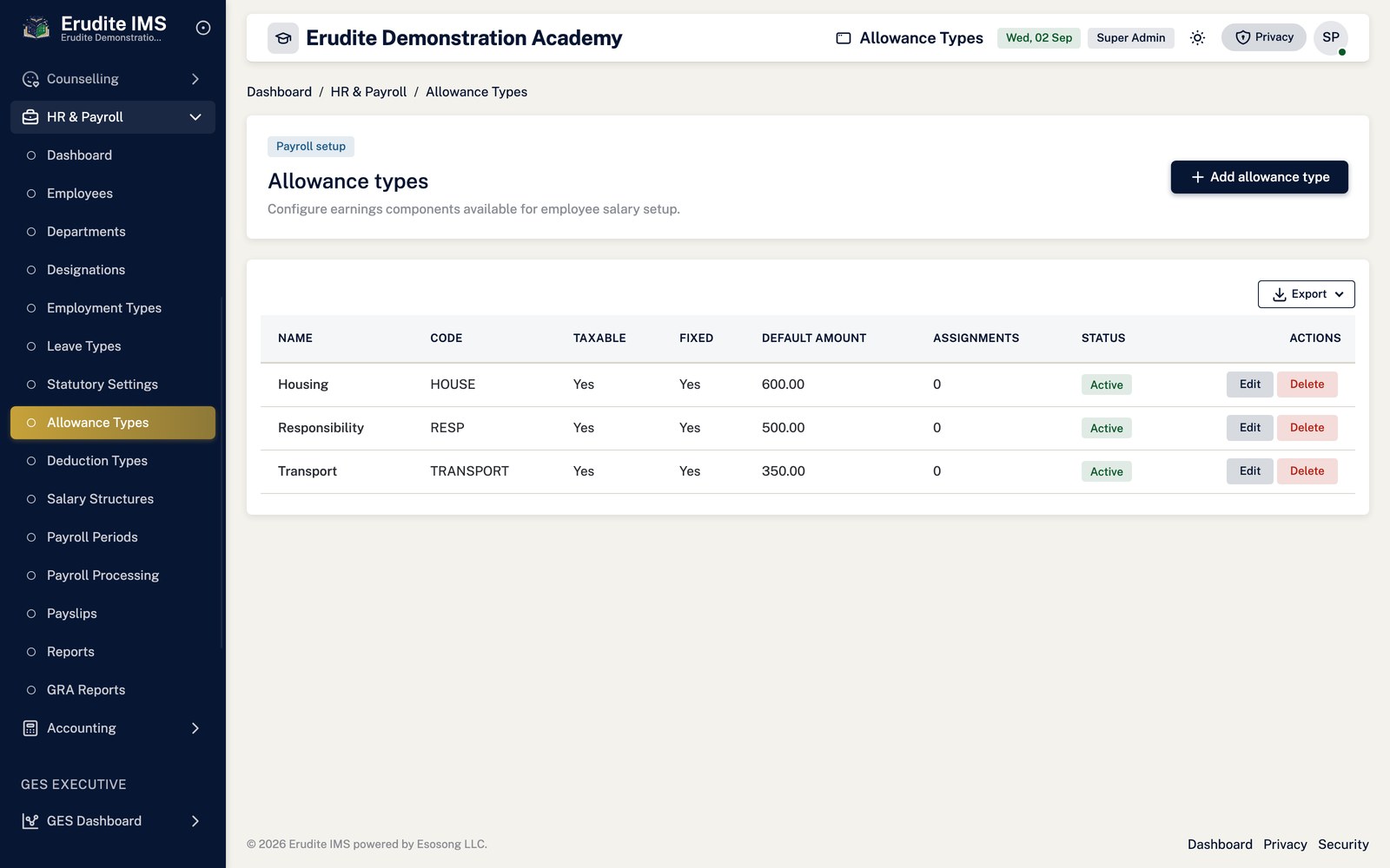 Payroll Setup allowance types screen