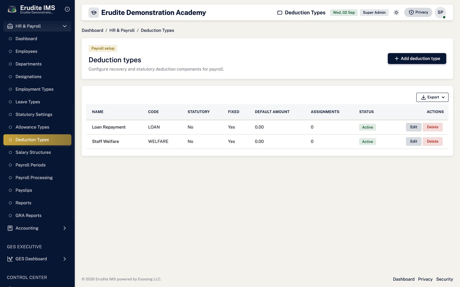Payroll Setup deduction types screen