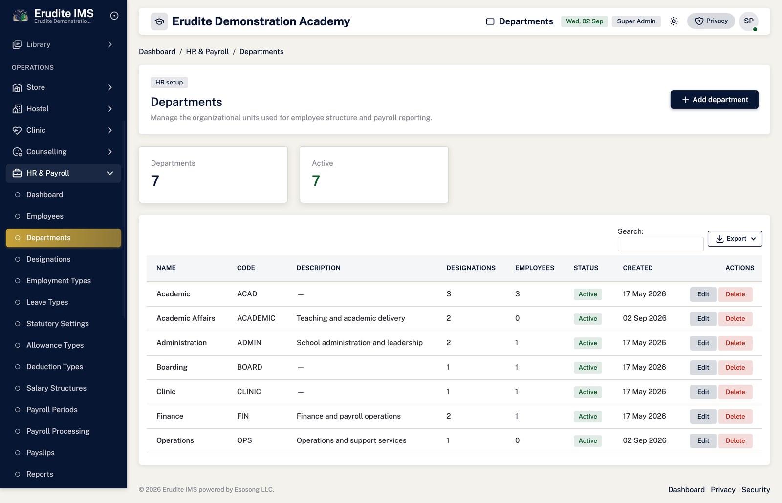 Payroll Setup departments screen