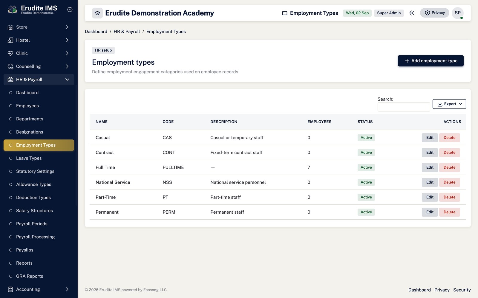 Payroll Setup employment types screen